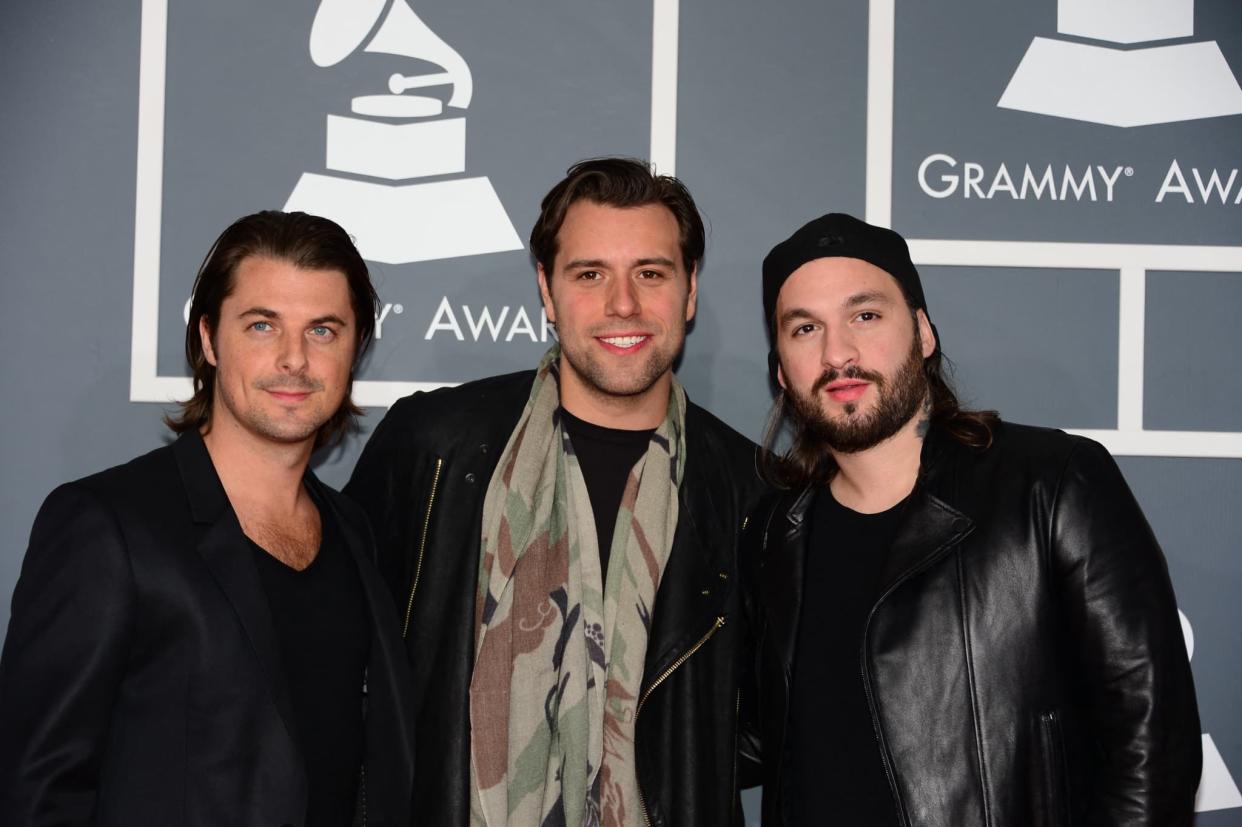 Le trio de Swedish House Mafia: Axwell Steve Angello et Sebastian Ingrosso. - Frederic J. Brown - AFP