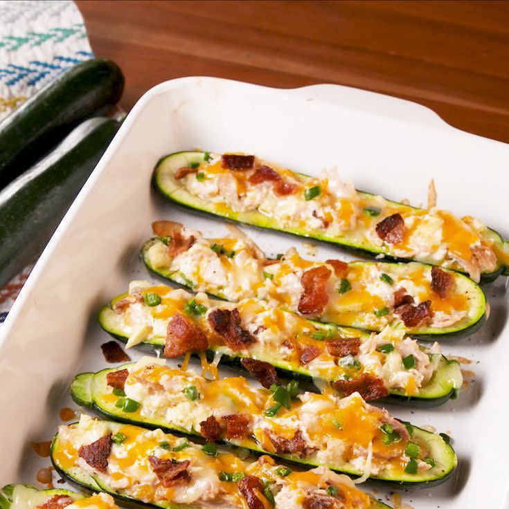 <p><a href="https://www.delish.com/uk/cooking/recipes/a34490946/bacon-wrapped-jalapenos-recipe/" rel="nofollow noopener" target="_blank" data-ylk="slk:Jalapeño Poppers;elm:context_link;itc:0;sec:content-canvas" class="link ">Jalapeño Poppers</a> are our favourite appetisers, so naturally, we turned them into an actual dinner. We skipped the frying and put them into courgette boats for an easy, low-carb take on the favourite we can't get enough of. </p><p>Get the <a href="https://www.delish.com/uk/cooking/recipes/a34927163/jalapeno-popper-zucchini-boats-recipe/" rel="nofollow noopener" target="_blank" data-ylk="slk:Jalapeño Popper Courgette Boats;elm:context_link;itc:0;sec:content-canvas" class="link ">Jalapeño Popper Courgette Boats</a> recipe.</p>
