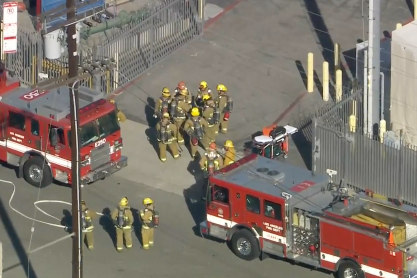 A hazmat team responded to an Atwater Village business after reports of a leak that prompted the evacuation of the building Thursday morning. <span class="copyright">(KTLA)</span>