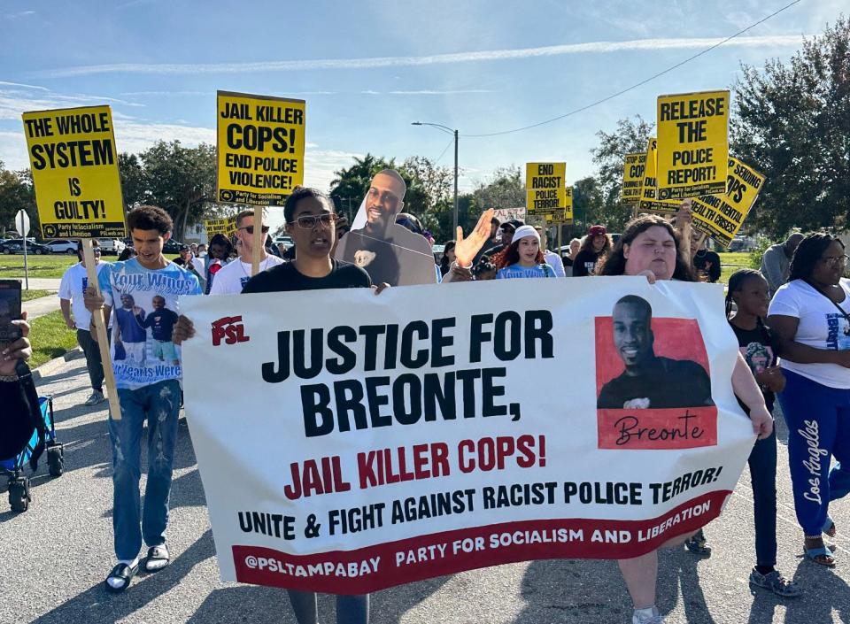 Protestors demand justice for 36-year-old Breonte Johnson-Davis, who was killed during an incident involving the Palmetto Police Department on Nov. 1, 2023. Parents of Davis are awaiting a full police report from the FDLE, however, the law enforcement agency has yet to provide any details or submit a required use-of-force report to the state agency.