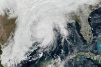 This GOES-16 GeoColor satellite image taken, Wednesday, Oct. 28, 2020, at 1 p.m. EDT, and provided by NOAA, shows Hurricane Zeta in the Gulf of Mexico nearing Louisiana. (NOAA via AP)