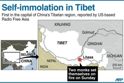 Graphic showing Lhasa the capital of China's Tibetan region where two Buddhist monks have set themselves on fire, US-based Radio Free Asia said Monday