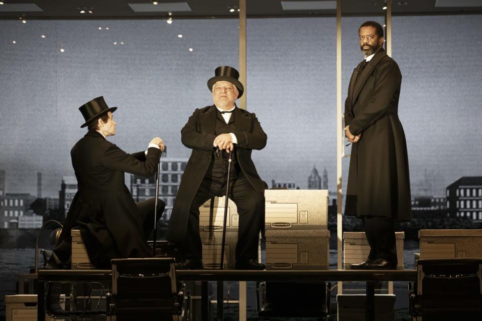<div class="inline-image__caption"><p>(l to r): Adam Godley, Simon Russell Beale, and Adrian Lester in "The Lehman Trilogy."</p></div> <div class="inline-image__credit">Julieta Cervantes</div>