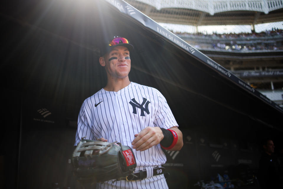 Yankees star Aaron Judge is on track to challenge Roger Maris' AL-record 61-homer season. (Photo by Rob Tringali/MLB Photos via Getty Images)