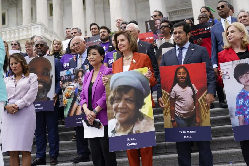 From left, Rep. Veronica Escobar, D-Texas, Rep. Judy Chu, D-Calif., House Speaker Nancy Pelosi of Calif., Rep. Jimmy Gomez, D-Calif., and Rep. Carolyn Maloney, D-N.Y., attend an event on the steps of the U.S. Capitol about gun violence Friday, June 24, 2022. (AP Photo/J. Scott Applewhite)