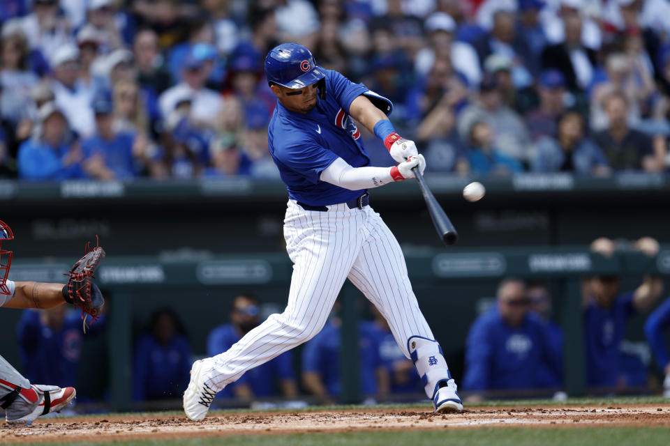 MESA, ARIZONA - MARCH 25: Seiya Suzuki #27 of the Chicago Cubs hits a one run home run during the first inning of a spring training game against the St. Louis Cardinals at Sloan Park on March 25, 2024 in Mesa, Arizona. (Photo by Chris Coduto/Getty Images)