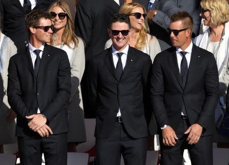 Sep 29, 2016; Chaska, MN, USA; Justin Rose of England laughs during the Opening Ceremony for the 41st Ryder Cup at Hazeltine National Golf Club. Mandatory Credit: Michael Madrid-USA TODAY Sports