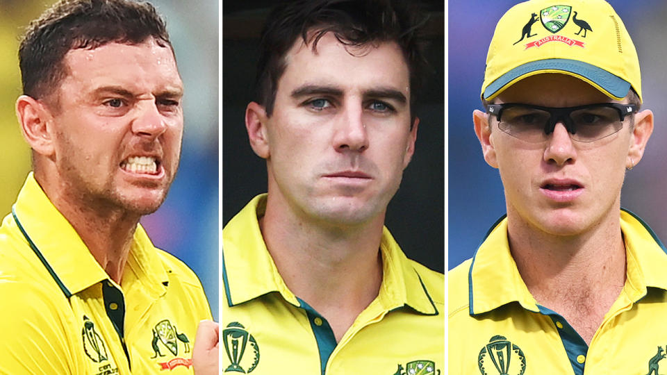 Pat Cummins, Adam Zampa and Josh Hazlewood at the Cricket World Cup.