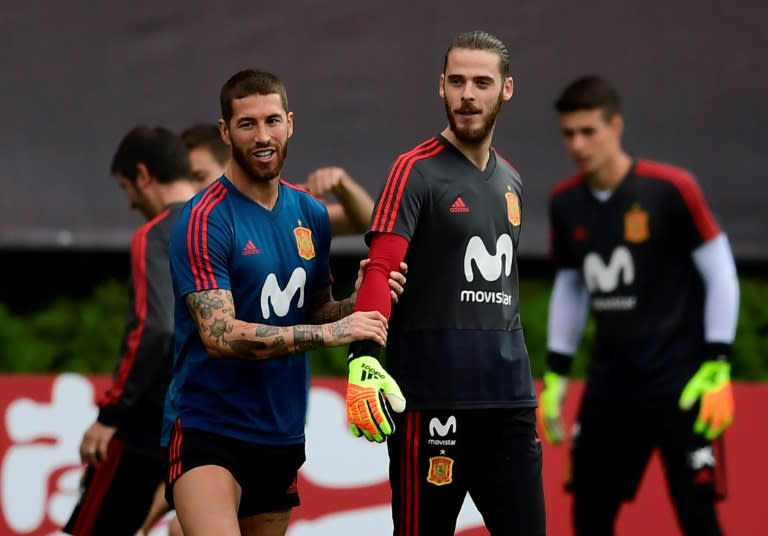 Spain captain Sergio Ramos with David De Gea at a training session at the weekend