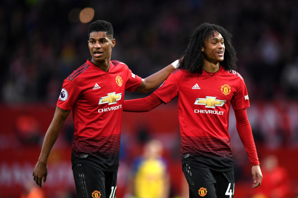 MANCHESTER, ENGLAND - MARCH 02: Marcus Rashford of Manchster United  celebrates victory with Tahith Chong of Manchester United after the Premier League match between Manchester United and Southampton FC at Old Trafford on March 02, 2019 in Manchester, United Kingdom. (Photo by Shaun Botterill/Getty Images)