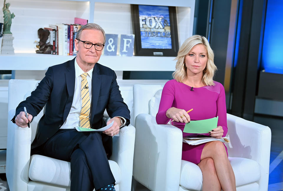 NEW YORK, NY - SEPTEMBER 24:  (EXCLUSIVE COVERAGE) Steve Doocy and Ainsley Earhardt host "FOX & Friends" at Fox News Channel Studios on September 24, 2019 in New York City.  (Photo by Slaven Vlasic/Getty Images)