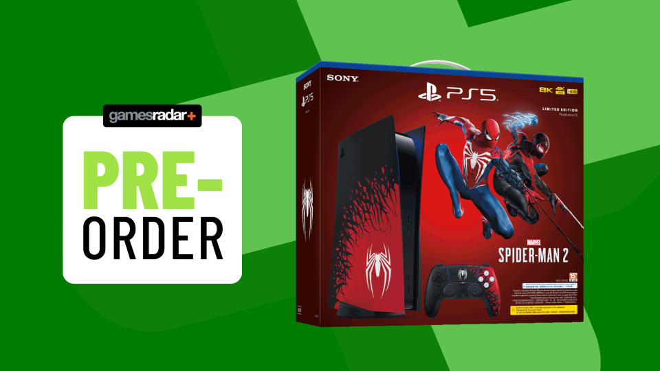  Marvel's Spider-Man 2 PS5 console box with pre-order badge on a green background 