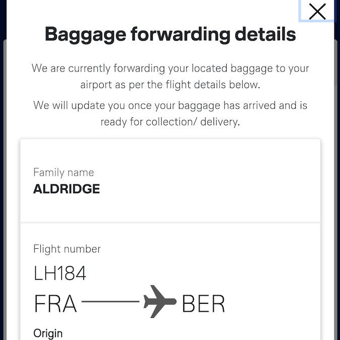 A screenshot from the Lufthansa app updating Emma Aldridge about her bag.