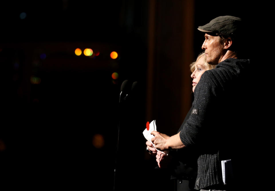 Matthew McConaughey, right, and Kim Novak are seen during rehearsals for the 86th Academy Awards in Los Angeles, Friday, Feb. 28, 2014. The Academy Awards will be held at the Dolby Theatre on Sunday, March 2. (Photo by Matt Sayles/Invision/AP)