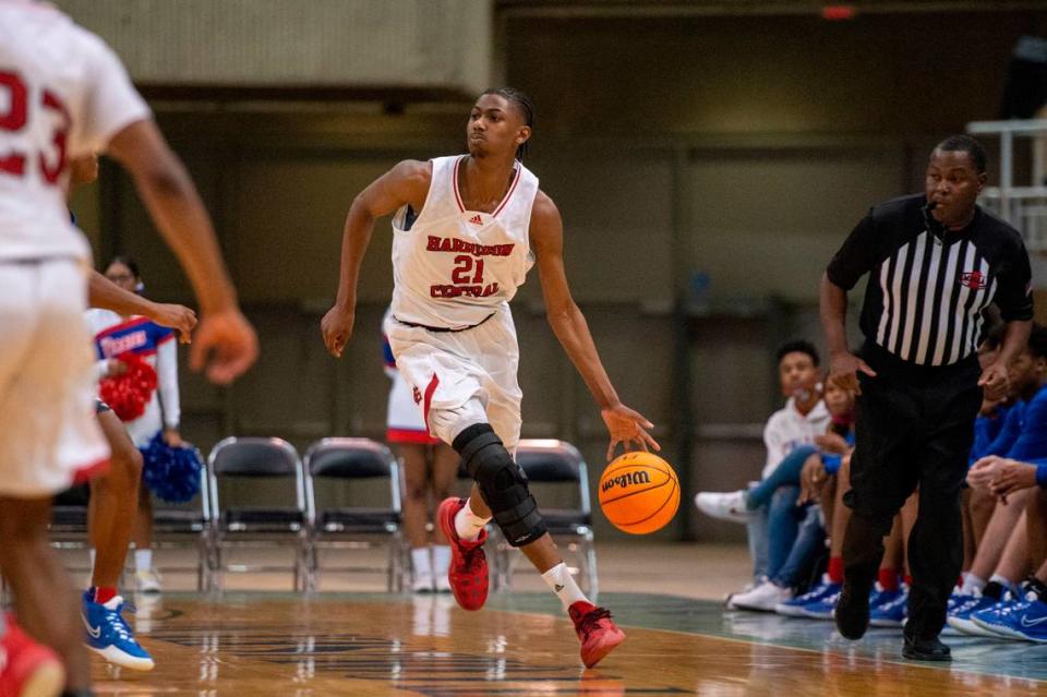 Harrison Central forward Sam Murray dribbles the ball up the court during Hoopsfest at the Mississippi Coast Coliseum in Biloxi on Saturday, Jan. 29, 2022.