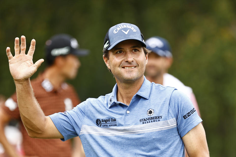 GREENSBORO, NORTH CAROLINA - AUGUST 15: Kevin Kisner of the United States celebrates his birdie putt on the 18th green to win the sudden death second-playoff hole during the final round of the Wyndham Championship at Sedgefield Country Club on August 15, 2021 in Greensboro, North Carolina. (Photo by Jared C. Tilton/Getty Images)