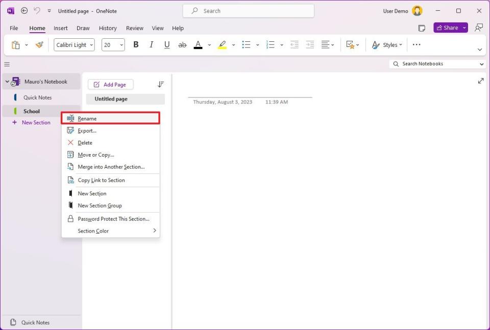 OneNote rename