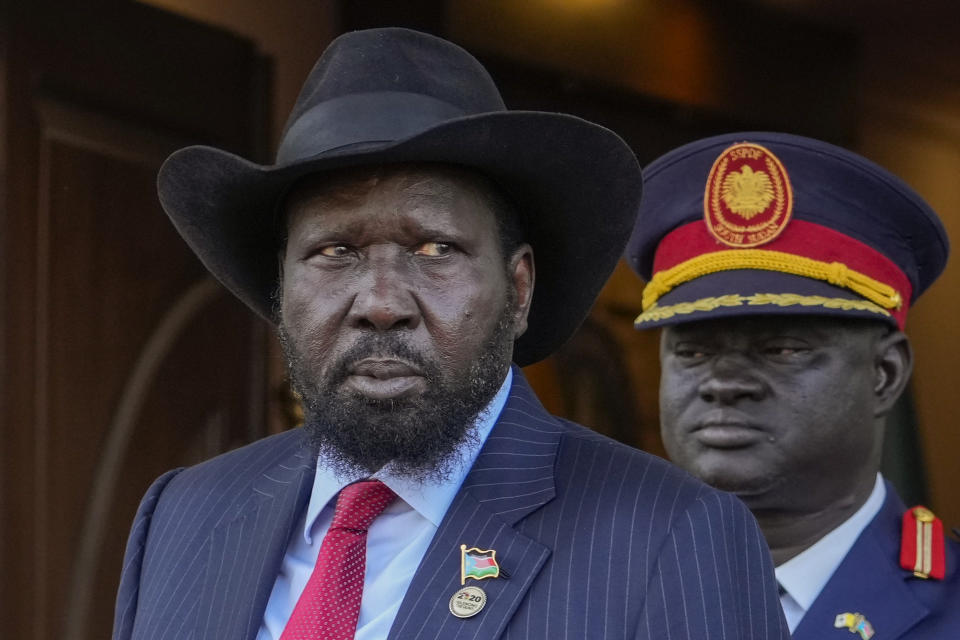 South Sudan's President Salva Kiir arrives at Juba's Presidential Palace, South Sudan, Friday, Feb. 3, 2023. Francis is in South Sudan on the second leg of a six-day trip that started in Congo, hoping to bring comfort and encouragement to two countries that have been riven by poverty, conflicts and what he calls a "colonialist mentality" that has exploited Africa for centuries. (AP Photo/Gregorio Borgia)