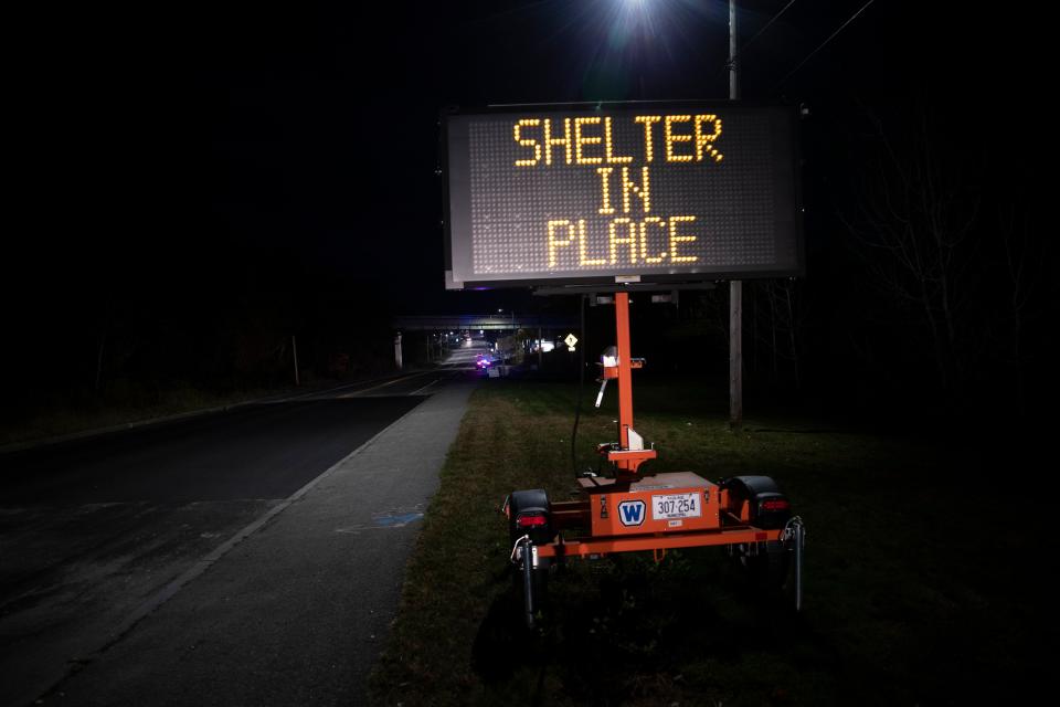 A sign signals the public to shelter in place during an active shooter situation on Wednesday, Oct. 25, 2023, in Lewiston, Maine. (Derek Davis/Portland Press Herald via AP)