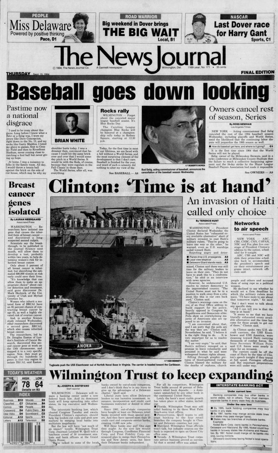 Front page of The News Journal from Sept. 15, 1994.