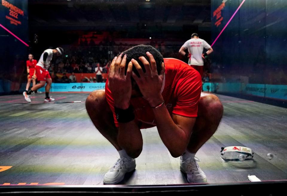 Declan James celebrated men’s squash doubles victory with James Willstrop (Mike Egerton/PA) (PA Wire)