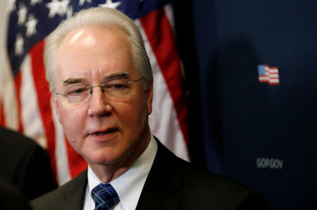 FILE PHOTO:U.S. Health and Human Services Secretary Tom Price speaks about efforts to repeal and replace Obamacare and the advancement of the American Health Care Act on Capitol Hill in Washington, U.S., March 17, 2017. REUTERS/Joshua Roberts/File Photo