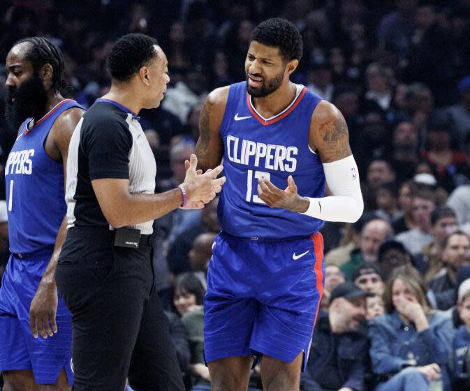 LOS ANGELES, CA - FEBRUARY 12, 2024: LA Clippers forward Paul George (13) argues a call.
