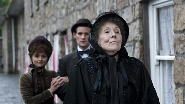 Diana Rigg with Jenna Coleman and Matt Smith in 'Doctor Who' episode 'The Crimson Horror'. (Credit: BBC)