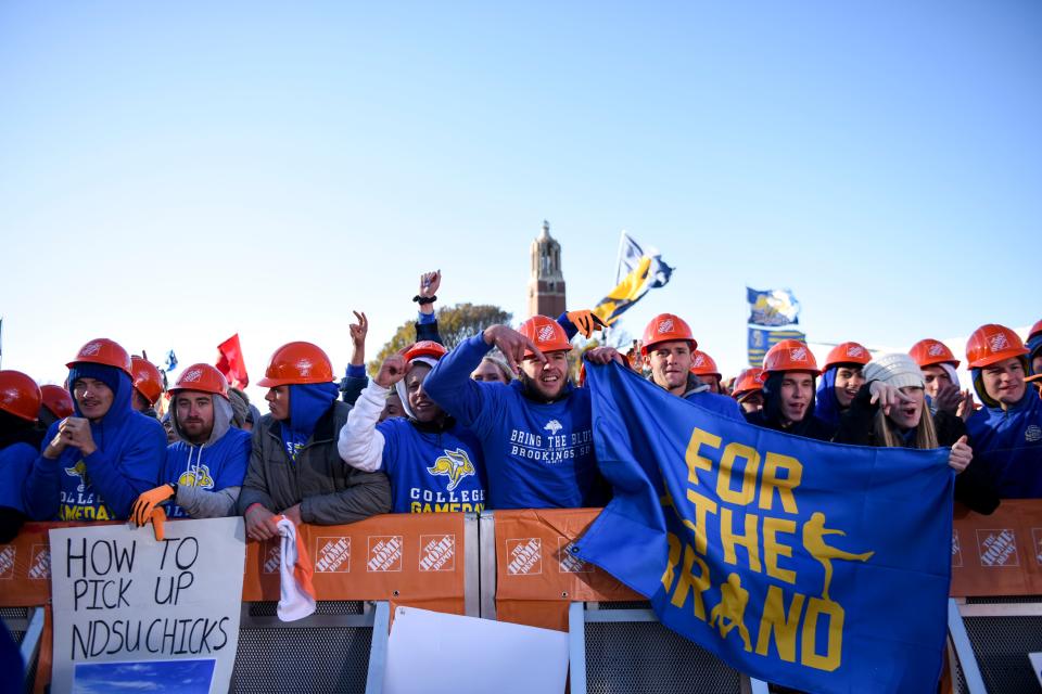 SDSU fans crowd around the ESPN College GameDay stage on Saturday, Oct. 26, 2019 in Brookings, S.D. 