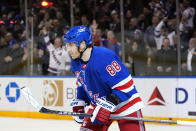 New York Rangers' Patrick Kane (88) skates toward his bench after scoring a goal during the first period of an NHL hockey game against the Columbus Blue Jackets Tuesday, March 28, 2023, in New York. (AP Photo/Frank Franklin II)