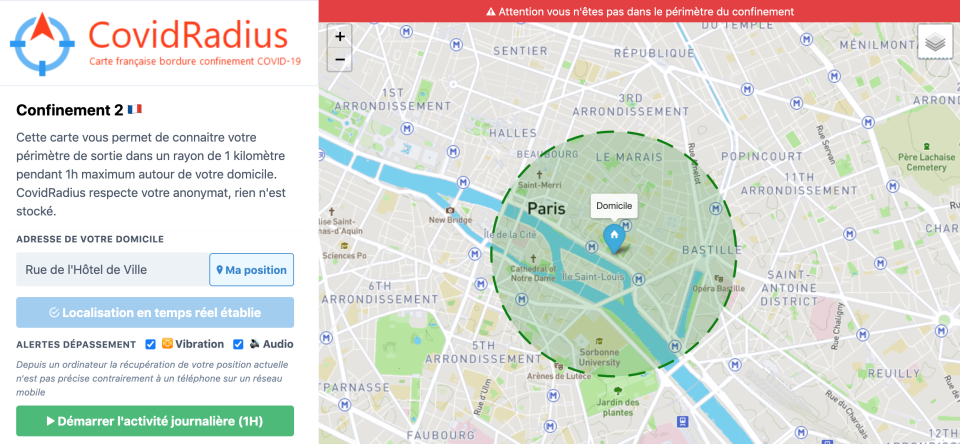 Si vous activez la géolocalisation, le site CovidRadius vous prévient par une alerte si vous dépassez le périmètre autorisé.