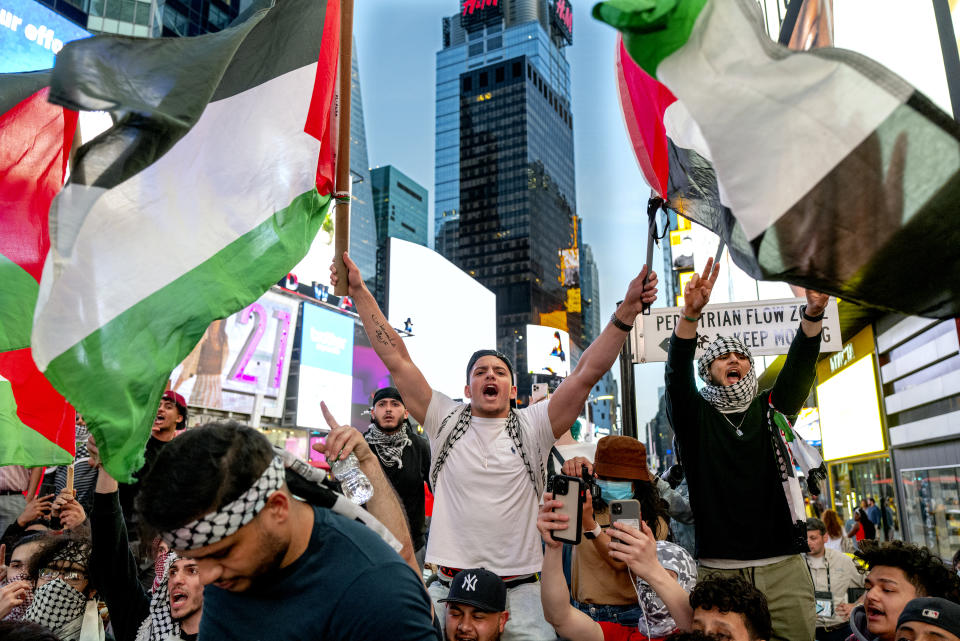 FILE - This photo from Thursday May 20, 2021, shows pro-Palestinian supporters during a demonstration in New York's Times Square, protesting an 11-day war between Israel and Hamas that caused widespread destruction in the Gaza Strip. (AP Photo/Craig Ruttle, File)