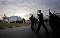 Honor guards from different branches of the U.S. Armed Forces, march on the North Lawn driveway of the White House in Washington, Sunday, Jan. 15, 2017, during rehearsal for the presidential inauguration on Jan. 20, 2017. President-elect Donald Trump will become the 45th United Sates president after being sworn in as president on Friday. (AP Photo/Manuel Balce Ceneta)