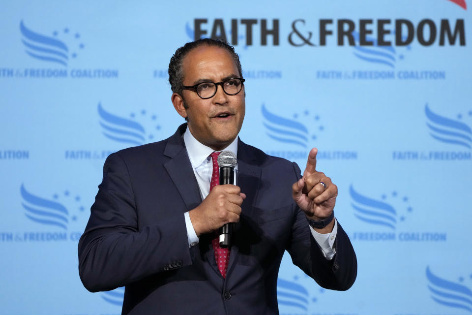 Former Texas Rep. Will Hurd speaks during the Iowa Faith and Freedom Coalition Spring Kick-Off, Saturday, April 22, 2023, in Clive, Iowa. (AP Photo/Charlie Neibergall)