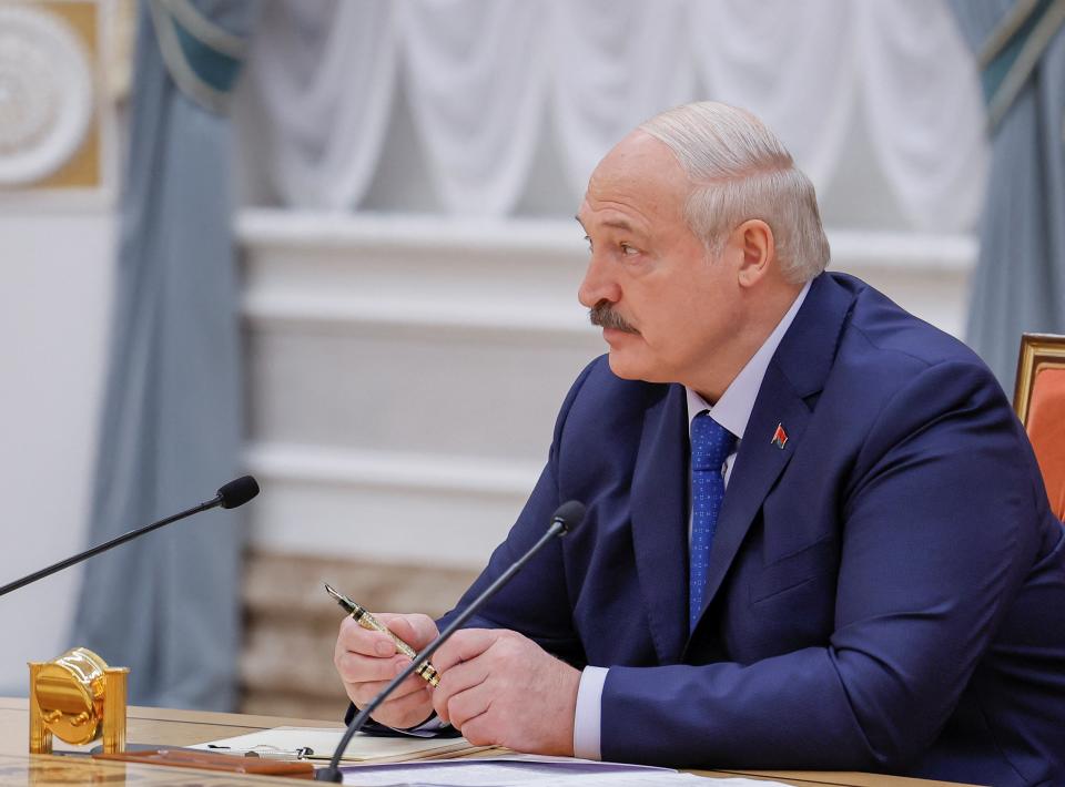 Belarusian President Alexander Lukashenko attends a press conference in Minsk, 6 July (REUTERS)