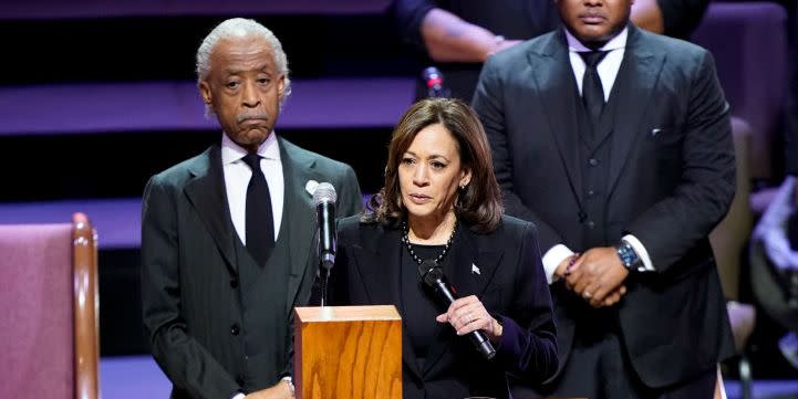 memphis, tn february 01 us vice president kamala harris speaks during the funeral service for tyre nichols at mississippi boulevard christian church on february 1, 2023 in memphis, tennessee on january 7th, 29 year old nichols was violently beaten for three minutes by memphis police officers at a traffic stop and died of his injuries five black memphis police officers have been fired after an internal investigation found them to be directly responsible for the beating and have been charged with second degree murder, aggravated assault, two charges of aggravated kidnapping, two charges of official misconduct and one charge of official oppression photo by andrew nelles poolgetty images with her are rev al sharpton and rev dr j lawrence turner