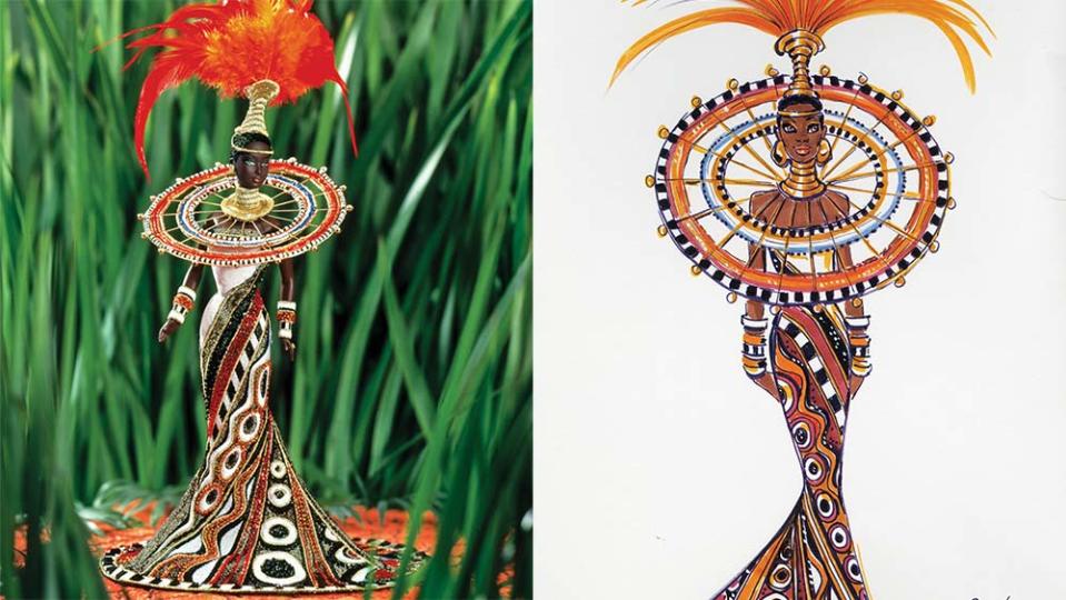 The completed version and sketch of 1999’s Fantasy Goddess of Africa. The elaborate and expensive beadwork required to make this doll meant it commanded a higher price in retail stores upon release, as it now does in the secondary market.