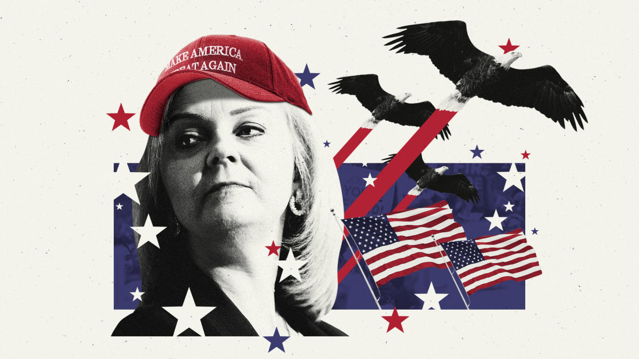  Photo composite of Liz Truss, American flags and bald eagles. 