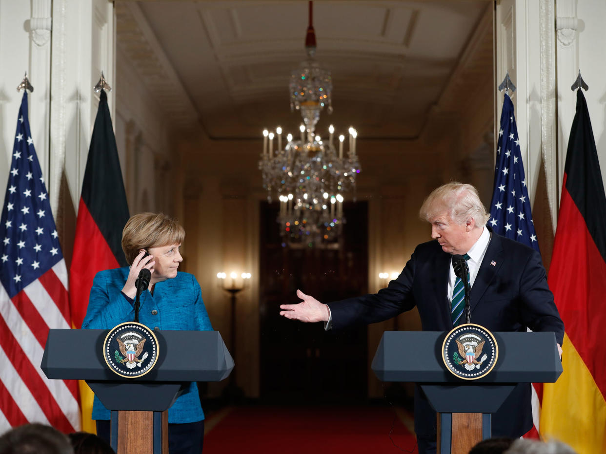 Donald Trump and Angela Merkel during their joint press conference at the White House: Pablo Martinez Monsivais/AP