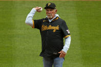 Former Pittsburgh Pirates manager Jim Leyland throws out the ceremonial first pitch before the Pirates' home-opener baseball game against the Baltimore Orioles in Pittsburgh, Friday, April 5, 2024. Leyland will be inducted into the Baseball Hall of Fame this year. (AP Photo/Gene J. Puskar)