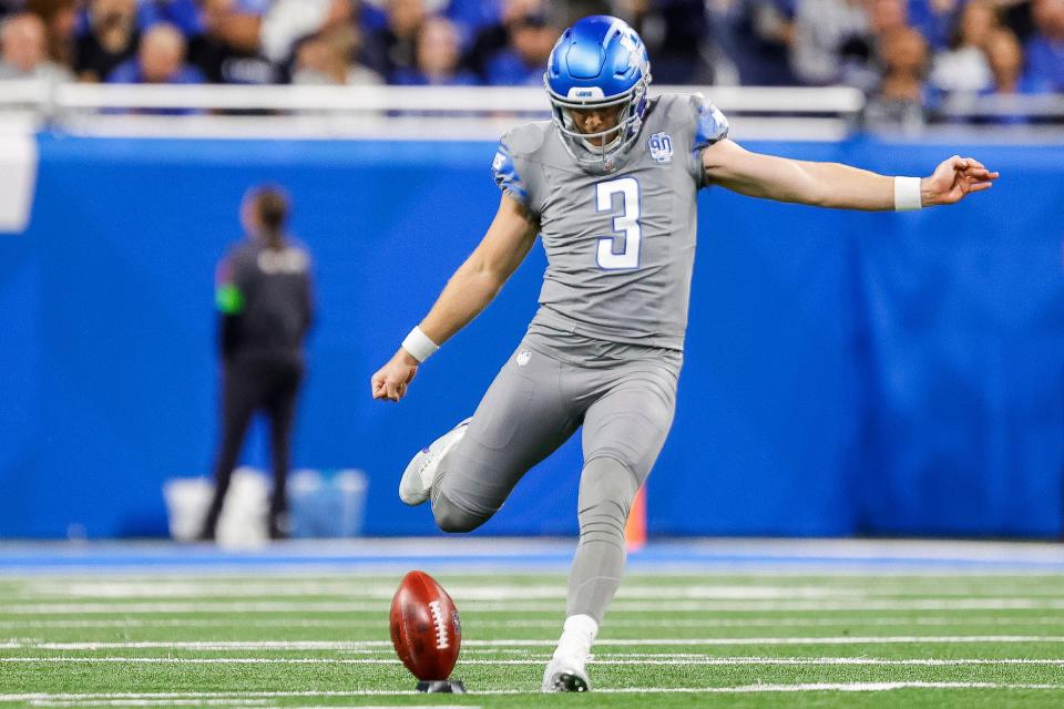Lions punter Jack Fox kicks off against the Raiders during the first half at Ford Field on Monday, Oct. 30, 2023.