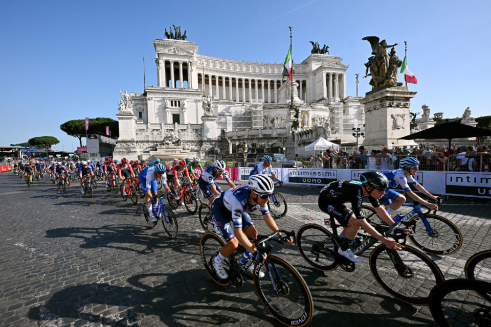 ROME ITALY  MAY 28 LR Ilan Van Wilder of Belgium and Team Soudal  Quick Step Alberto Dainese of Italy and Team DSM and a general view of the peloton competing at the Piazza Venezia during the 106th Giro dItalia 2023 Stage 21 a 126km stage from Rome to Rome  UCIWT  on May 28 2023 in Rome Italy Photo by Stuart FranklinGetty Images