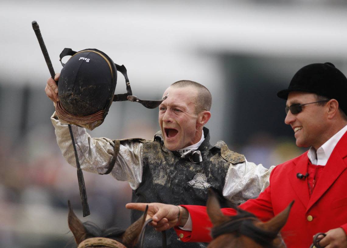 Calvin Borel, a three-time Kentucky Derby winning jockey, celebrates on the way to the winner’s circle onboard Mine That Bird at the 135th running of the Run for the Roses in 2009. David Perry/Herald-Leader file photo