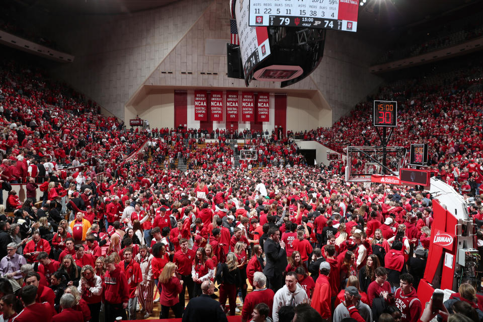 BLOOMINGTON, IN - FEBRUARY 04: Indiana Hoosiers fans storm the floor to celebrate the 79-74 victory over the Purdue Boilermakers at Assembly Hall in Bloomington, Indiana. (Photo by Brian Spurlock/Icon Sportswire via Getty Images)