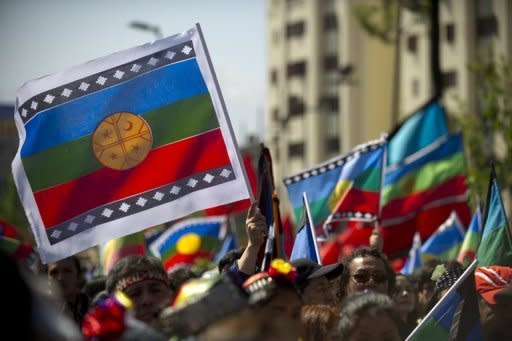 Un indio mapuche, el mayor grupo indígena de Chile, participa de una protesta en Santiago el 15 de octubre de 2012. Unos 200 representantes de los indígenas mapuches se reunieron este miércoles 16 de enero en la primera Cumbre Mapuche, que finalizó con un llamado a una nueva relación entre los indígenas y el Estado chileno, exigiendo disculpas por el trato recibido. (AFP/Archivo | Martín Bernetti)