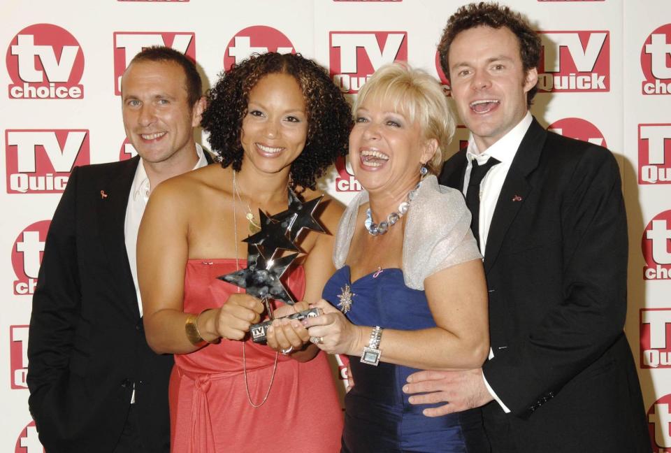 The cast of Waterloo Road who won Best New Drama (from left to right) Jason Merrells, Angela Griffin, Denise Welch, and Jamie Glover at the TV Quick and TV Choice Awards at the Dorchester Hotel, central London.   (Photo by Yui Mok - PA Images/PA Images via Getty Images)