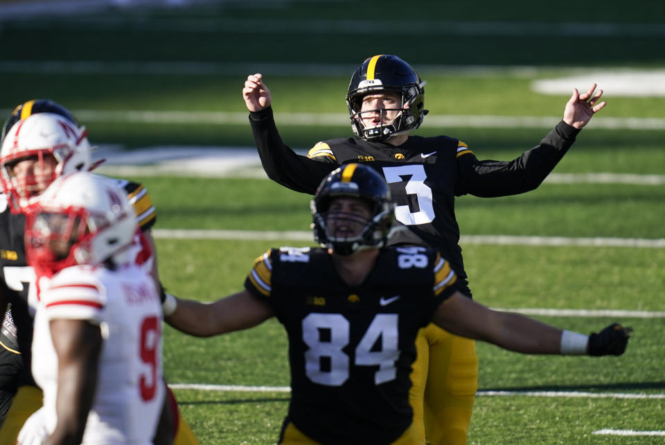 Iowa place kicker Keith Duncan (3) kicks a 37-yard field goal during the second half of an NCAA college football game against Nebraska, Friday, Nov. 27, 2020, in Iowa City, Iowa. Iowa won 26-20. (AP Photo/Charlie Neibergall)