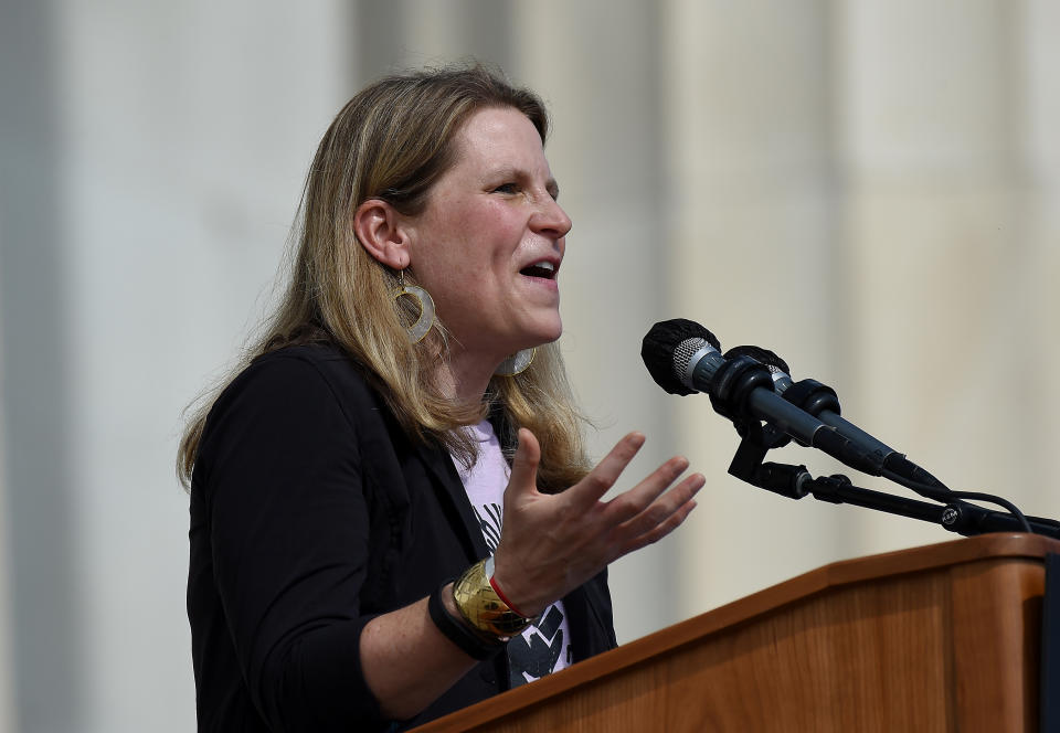 Secretary-Treasurer of American Federation of Labor and Congress of Industrial Organizations (AFL-CIO) Liz Shuler speaks at the Lincoln Memorial during the 'Get Your Knee Off Our Necks' march in support of racial justice, in Washington, U.S., August 28, 2020. Olivier Douliery/Pool via REUTERS