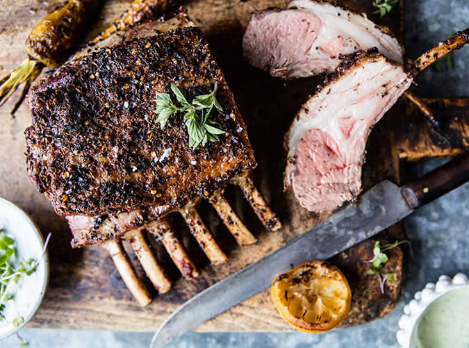 Roasted Rack of Lamb with Basil Goat Cheese Sauce