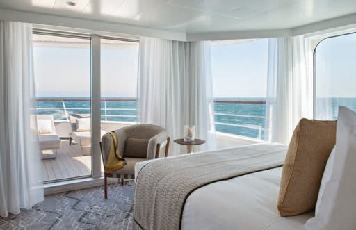 A sleeping room at Ponant with a private deck.
